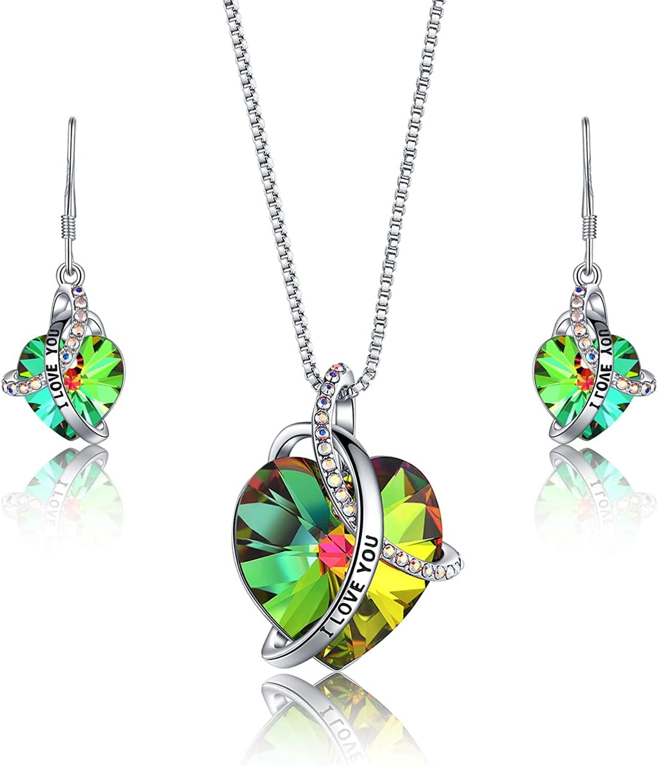 Eleshow I Love You Heart Pendant Birthstone Crystal Necklaces Jewelry Gifts for Women Z set greenyellow