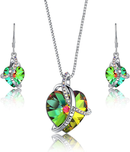 Eleshow I Love You Heart Pendant Birthstone Crystal Necklaces Jewelry Gifts for Women Z set greenyellow