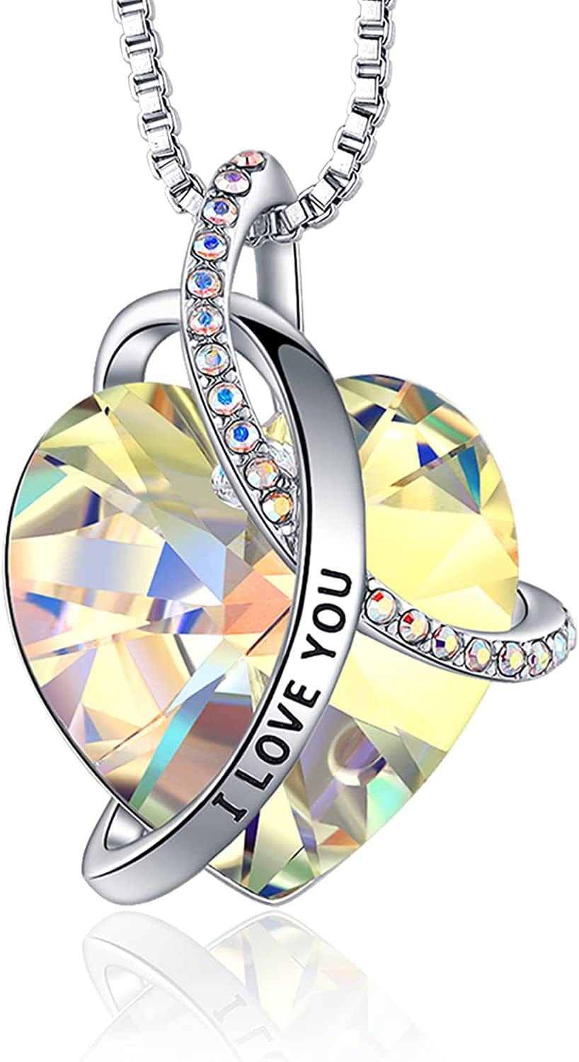 Eleshow I Love You Heart Pendant Birthstone Crystal Necklaces Jewelry Gifts for Women Crystal Aurore Boreale