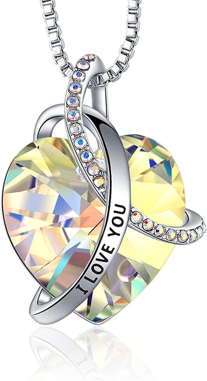 Eleshow I Love You Heart Pendant Birthstone Crystal Necklaces Jewelry Gifts for Women Crystal Aurore Boreale
