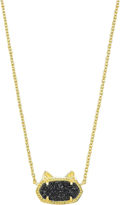 Elisa Cat Pendant Necklace, Fashion Jewelry for Women Gold Black Drusy