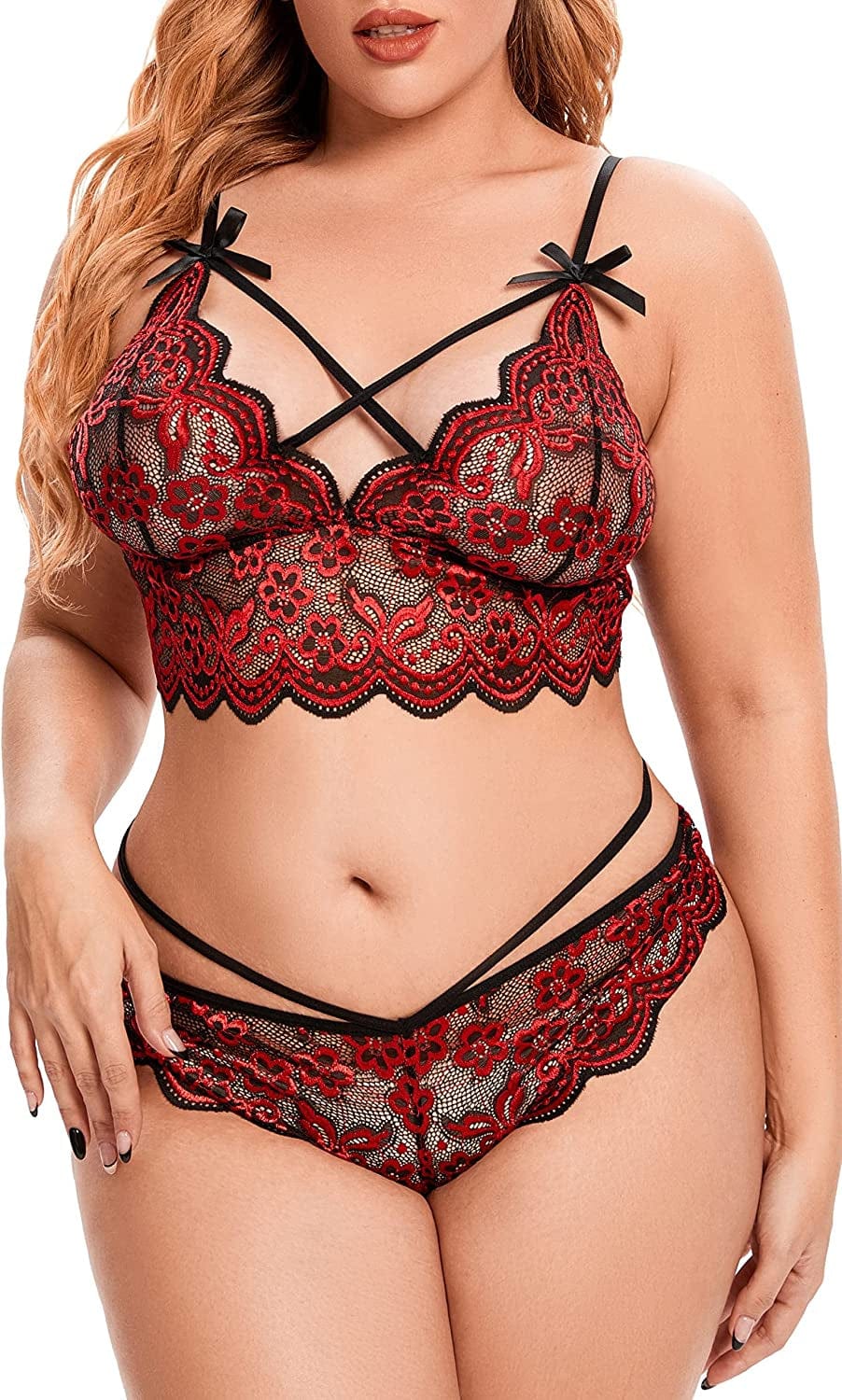 Ella Lust Women'S plus Size Lingerie Set - Sexy V-Neck Sheer Floral Lace Scallop Trim Criss Cross Strappy Bra Stretch Panty Wine / 3X-Large