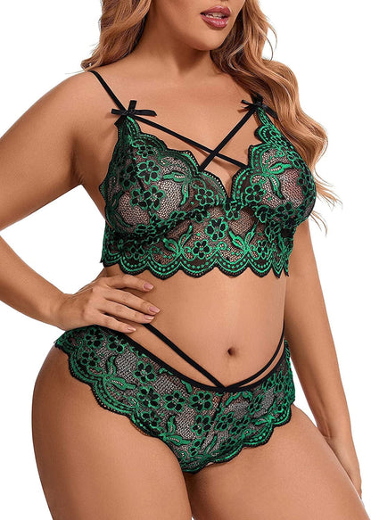 Ella Lust Women'S plus Size Lingerie Set - Sexy V-Neck Sheer Floral Lace Scallop Trim Criss Cross Strappy Bra Stretch Panty