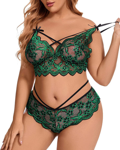 Ella Lust Women'S plus Size Lingerie Set - Sexy V-Neck Sheer Floral Lace Scallop Trim Criss Cross Strappy Bra Stretch Panty