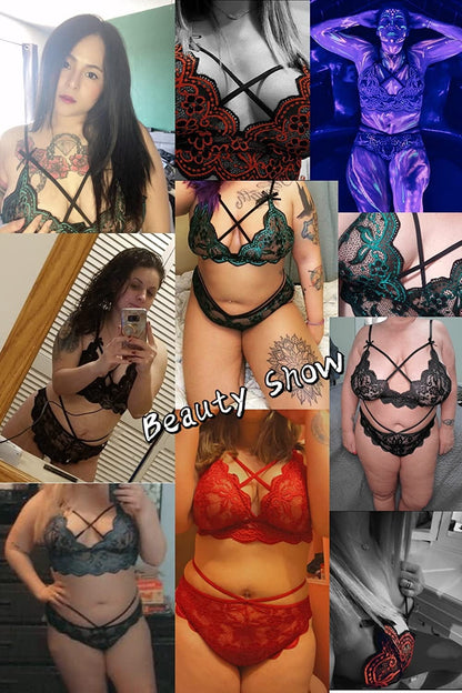 Ella Lust Women'S plus Size Lingerie Set - Sexy V-Neck Sheer Floral Lace Scallop Trim Criss Cross Strappy Bra Stretch Panty