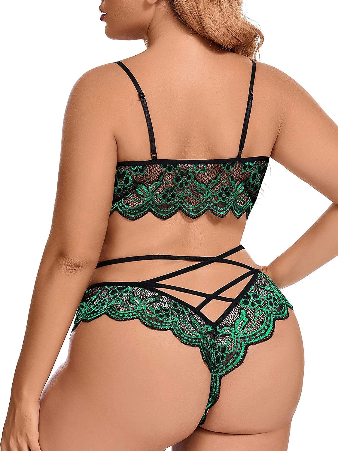 Ella Lust Women'S plus Size Lingerie Set - Sexy V-Neck Sheer Floral Lace Scallop Trim Criss Cross Strappy Bra Stretch Panty