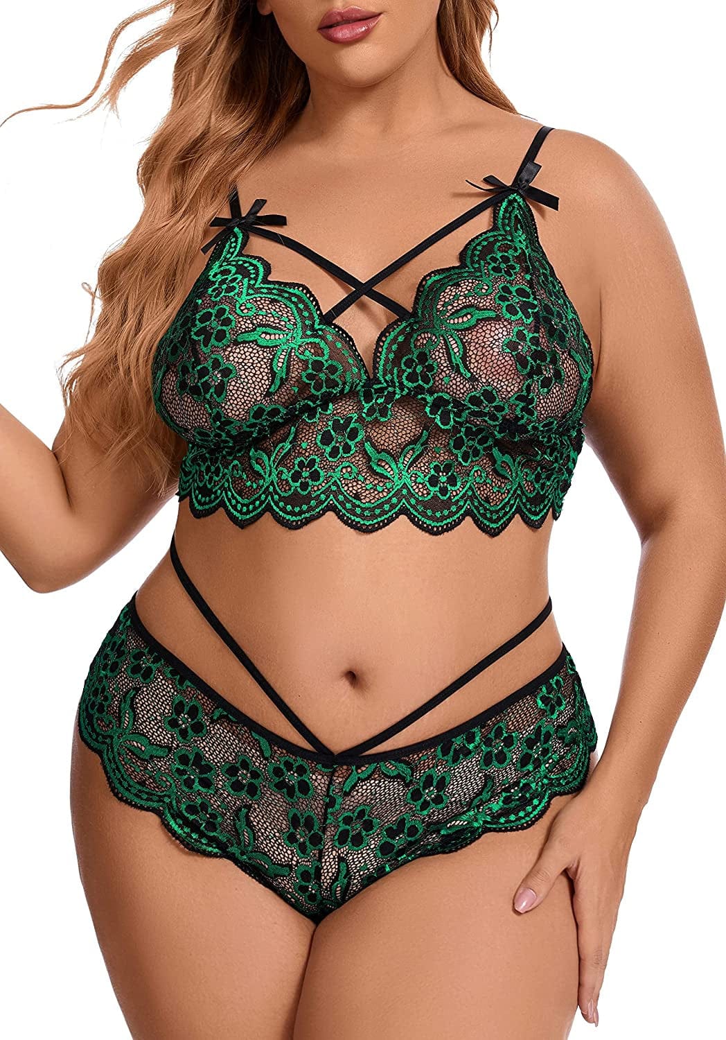 Ella Lust Women'S plus Size Lingerie Set - Sexy V-Neck Sheer Floral Lace Scallop Trim Criss Cross Strappy Bra Stretch Panty Green / X-Large