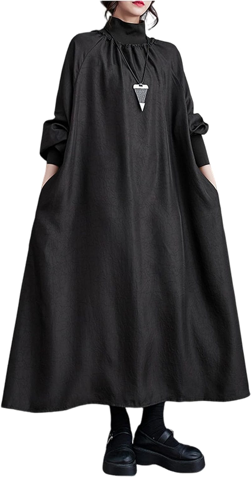 Ellazhu Women'S Autumn Fall High Neck Drop Shoulder Long Sleeve Pullover H-Line Dress GY2820 Black / Small-X-Large
