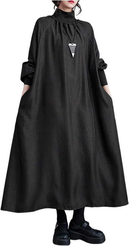 Ellazhu Women'S Autumn Fall High Neck Drop Shoulder Long Sleeve Pullover H-Line Dress GY2820 Black / Small-X-Large