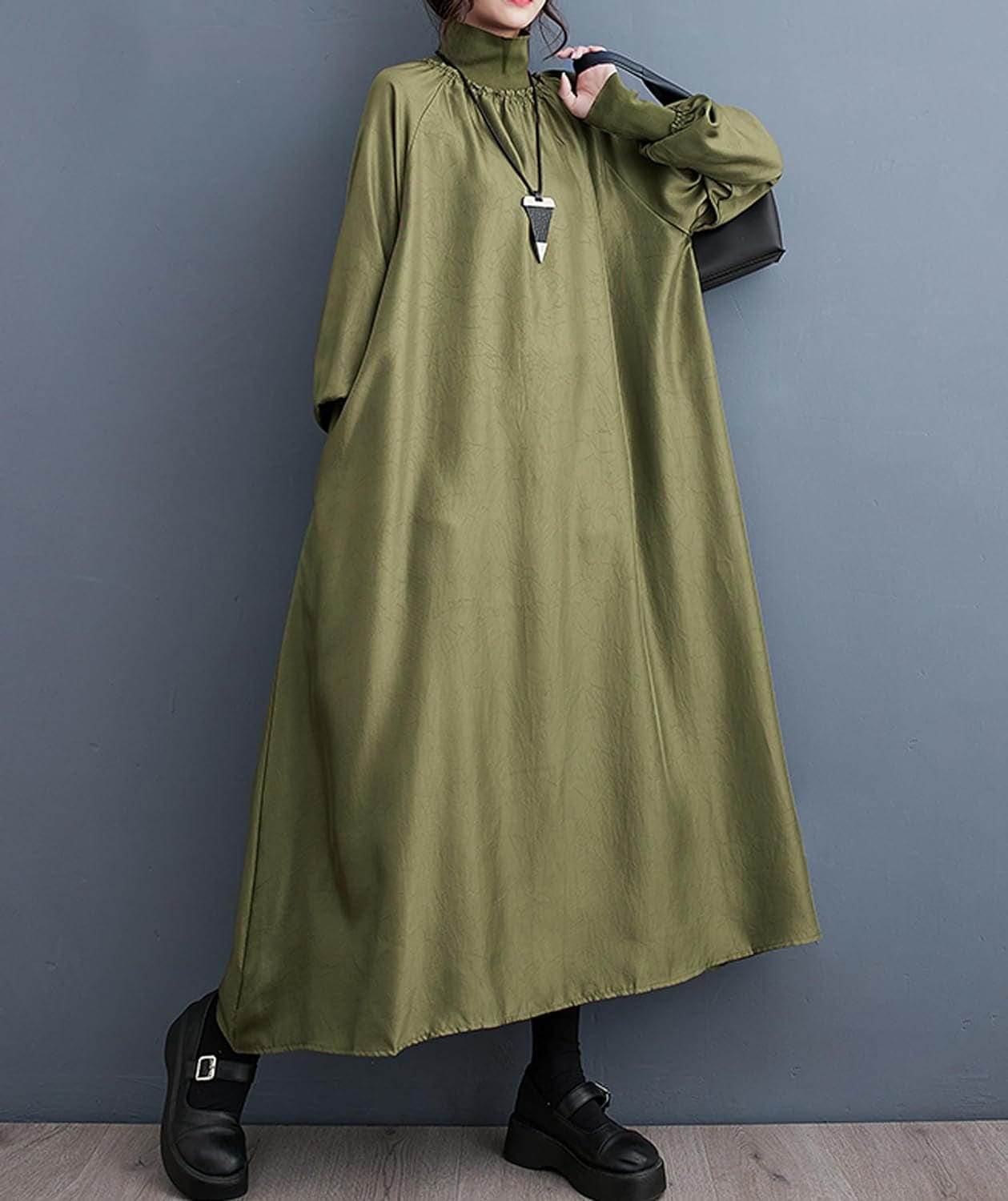 Ellazhu Women'S Autumn Fall High Neck Drop Shoulder Long Sleeve Pullover H-Line Dress GY2820