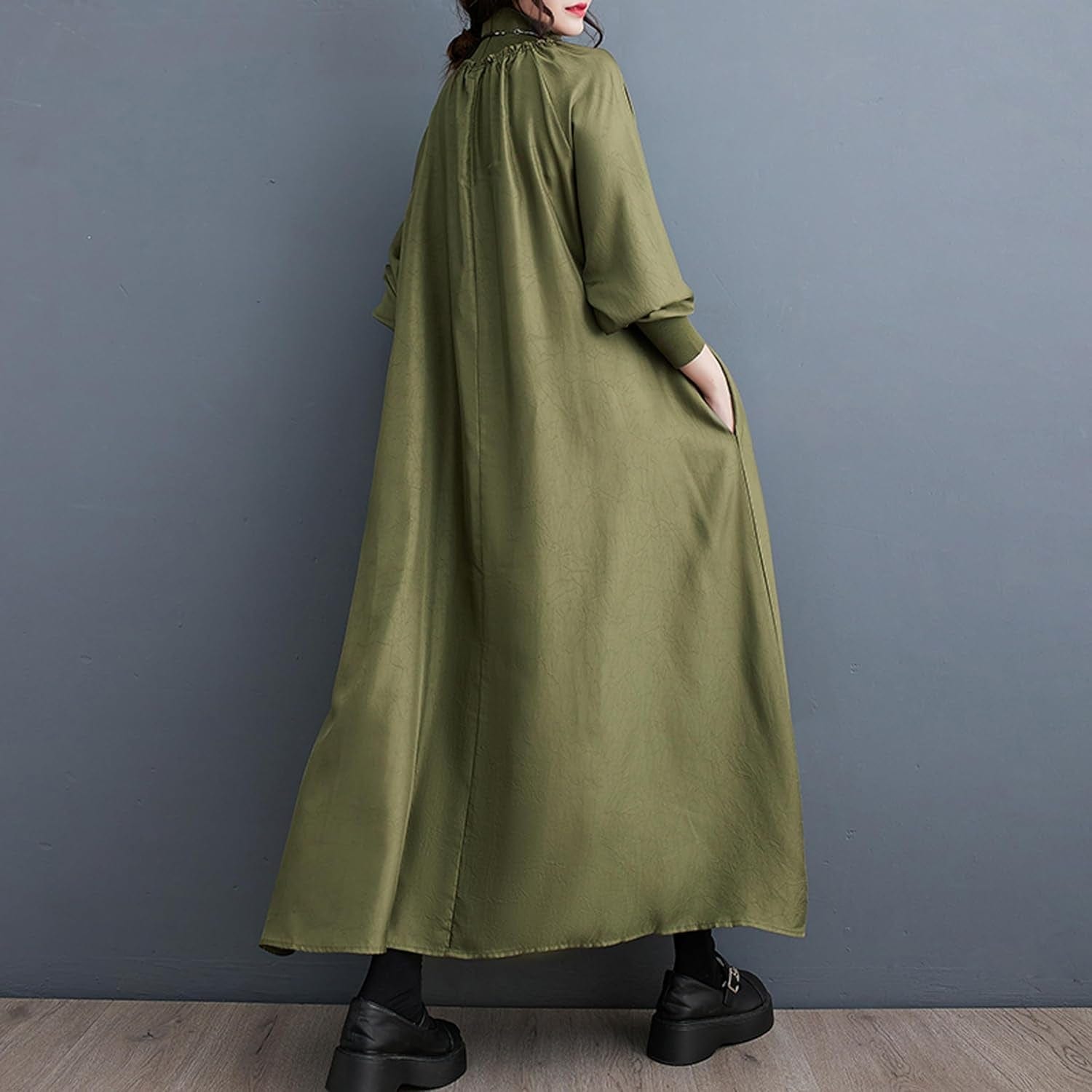 Ellazhu Women'S Autumn Fall High Neck Drop Shoulder Long Sleeve Pullover H-Line Dress GY2820