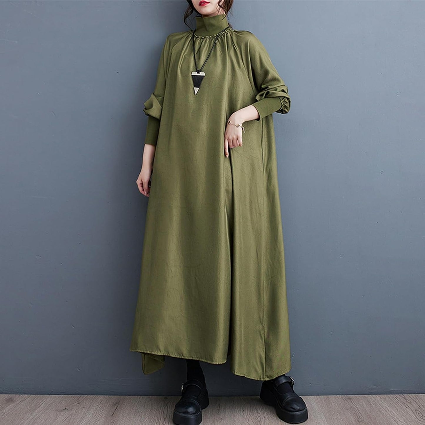 Ellazhu Women'S Autumn Fall High Neck Drop Shoulder Long Sleeve Pullover H-Line Dress GY2820