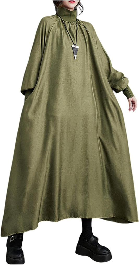 Ellazhu Women'S Autumn Fall High Neck Drop Shoulder Long Sleeve Pullover H-Line Dress GY2820