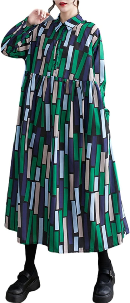 Ellazhu Women'S Baggy Casual Printed Pullover Long Dress with Geometric Pattern GZ09 Green / Small-X-Large