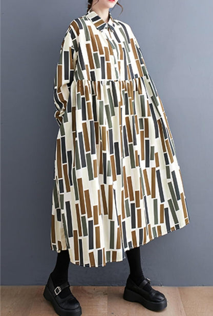 Ellazhu Women'S Baggy Casual Printed Pullover Long Dress with Geometric Pattern GZ09