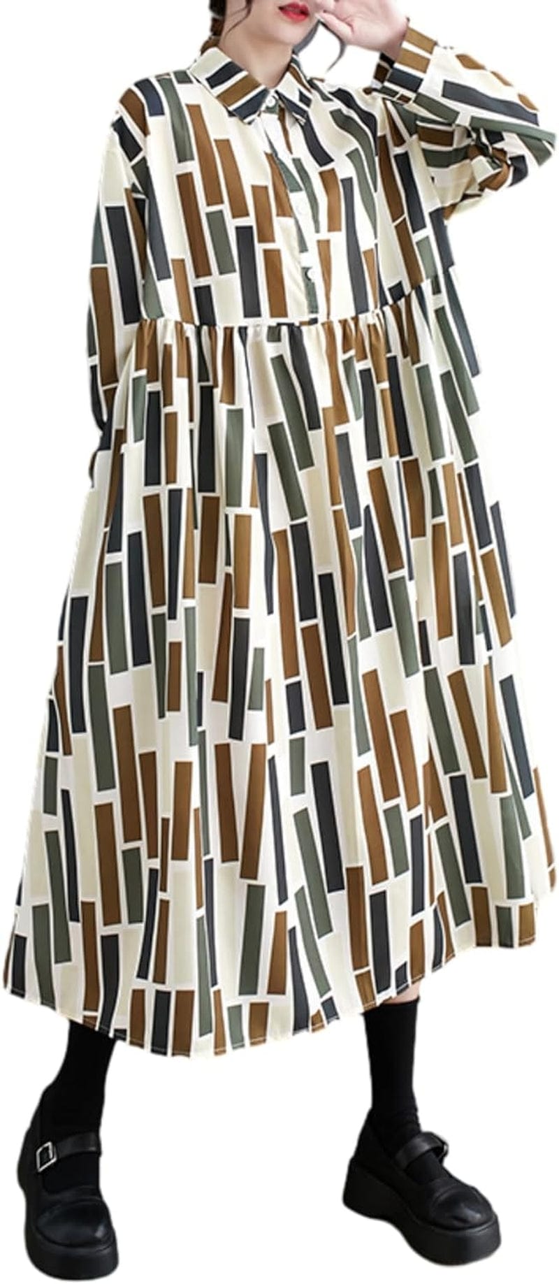 Ellazhu Women'S Baggy Casual Printed Pullover Long Dress with Geometric Pattern GZ09