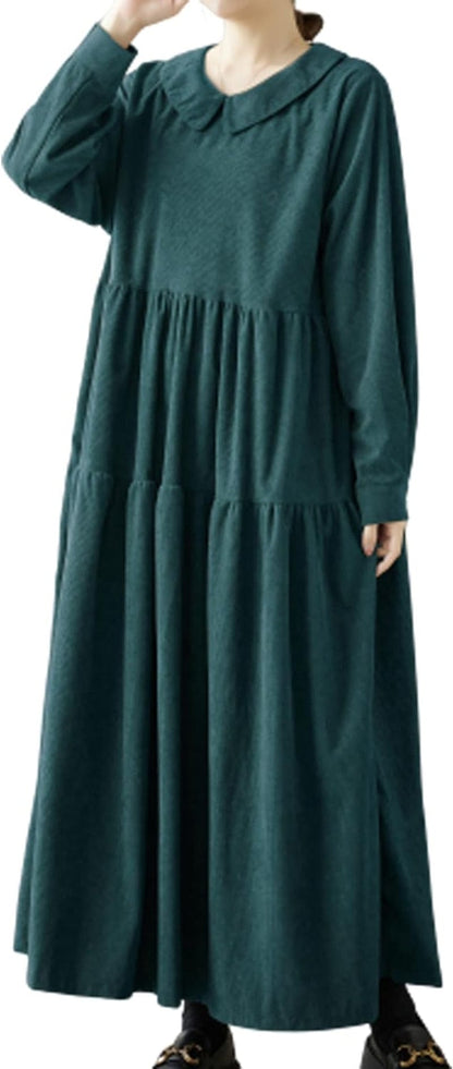 Ellazhu Women'S Corduroy Doll Collar Solid Color Long Dress with Long Sleeve Pockets a Line Ruffled Hem GA2703 Dark Green / Small-X-Large