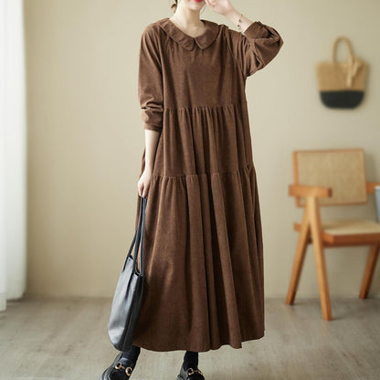 Ellazhu Women'S Corduroy Doll Collar Solid Color Long Dress with Long Sleeve Pockets a Line Ruffled Hem GA2703