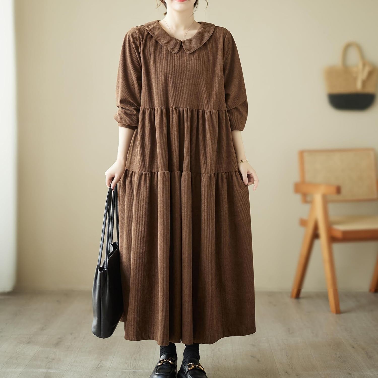 Ellazhu Women'S Corduroy Doll Collar Solid Color Long Dress with Long Sleeve Pockets a Line Ruffled Hem GA2703
