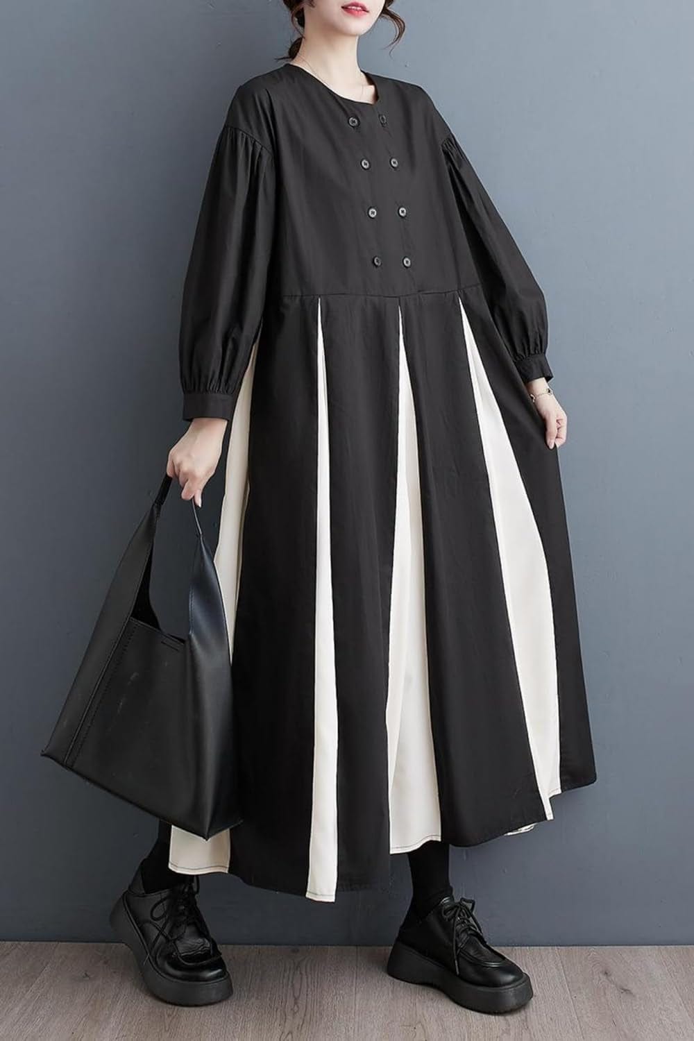 Ellazhu Women'S Dressy H-Line Ruffled Pleated Patchwork Drop Shoulder Long Dress GZ11 A Black / Small-X-Large