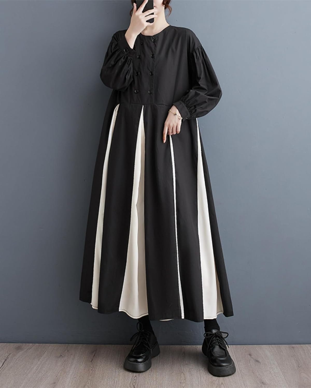 Ellazhu Women'S Dressy H-Line Ruffled Pleated Patchwork Drop Shoulder Long Dress GZ11 A Black / Small-X-Large