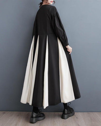 Ellazhu Women'S Dressy H-Line Ruffled Pleated Patchwork Drop Shoulder Long Dress GZ11 A Black / Small-X-Large