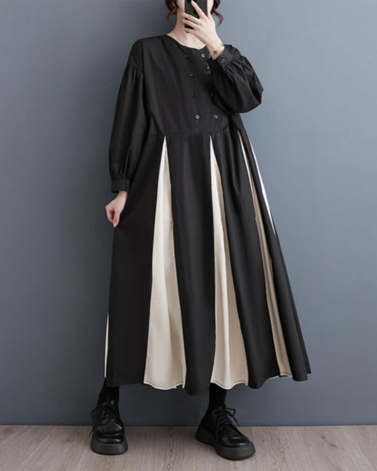 Ellazhu Women'S Dressy H-Line Ruffled Pleated Patchwork Drop Shoulder Long Dress GZ11 A Black / Small-X-Large