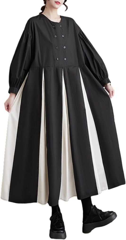 Ellazhu Women'S Dressy H-Line Ruffled Pleated Patchwork Drop Shoulder Long Dress GZ11 A Black / Small-X-Large
