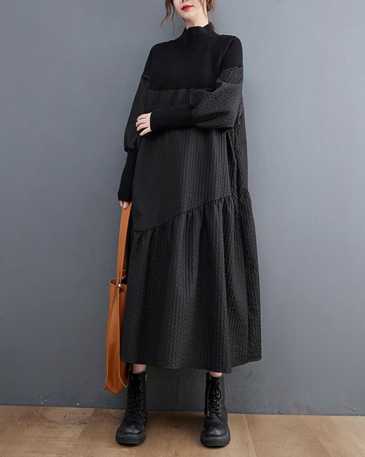 Ellazhu Women'S Knitted Turtuleneck Patchwork Pullover Ruffle Hem Dress for Christmas GZ05