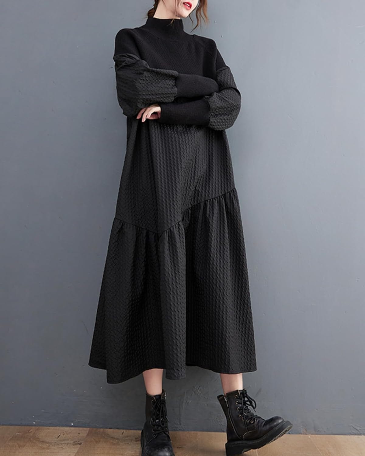 Ellazhu Women'S Knitted Turtuleneck Patchwork Pullover Ruffle Hem Dress for Christmas GZ05