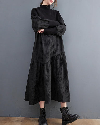 Ellazhu Women'S Knitted Turtuleneck Patchwork Pullover Ruffle Hem Dress for Christmas GZ05