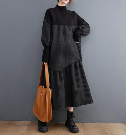 Ellazhu Women'S Knitted Turtuleneck Patchwork Pullover Ruffle Hem Dress for Christmas GZ05