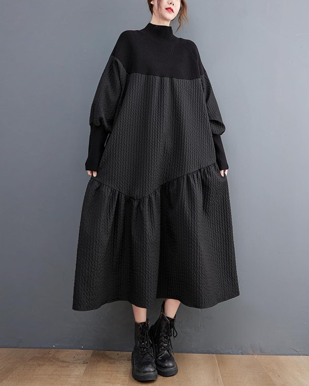 Ellazhu Women'S Knitted Turtuleneck Patchwork Pullover Ruffle Hem Dress for Christmas GZ05
