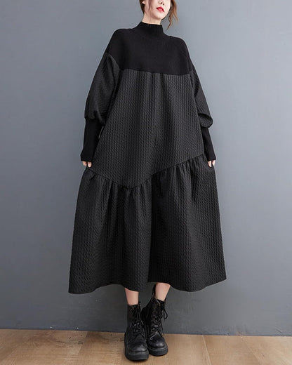 Ellazhu Women'S Knitted Turtuleneck Patchwork Pullover Ruffle Hem Dress for Christmas GZ05