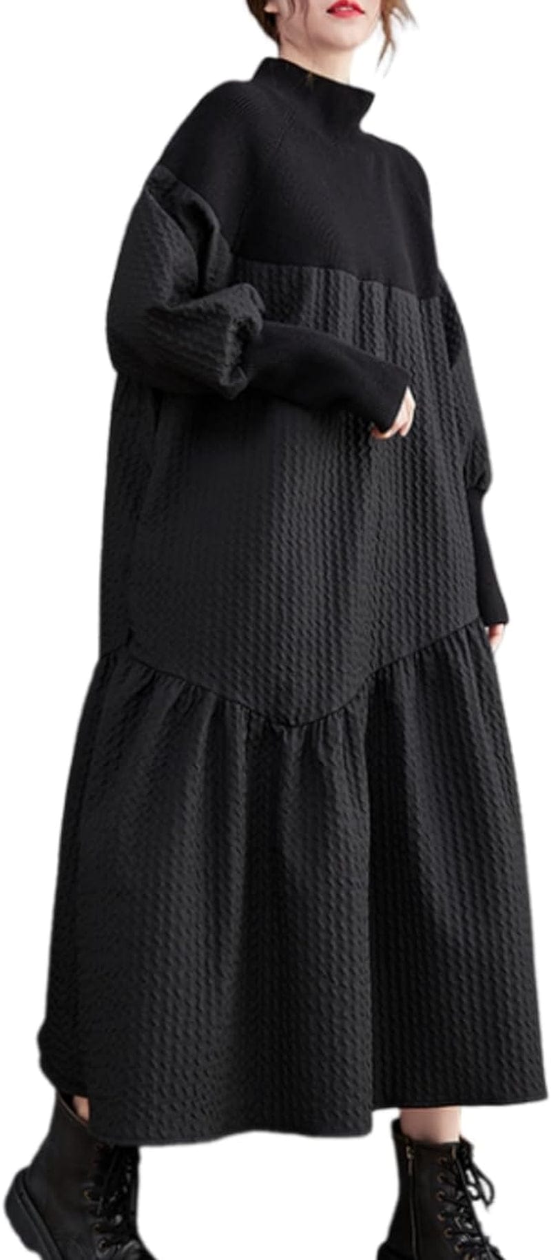 Ellazhu Women'S Knitted Turtuleneck Patchwork Pullover Ruffle Hem Dress for Christmas GZ05