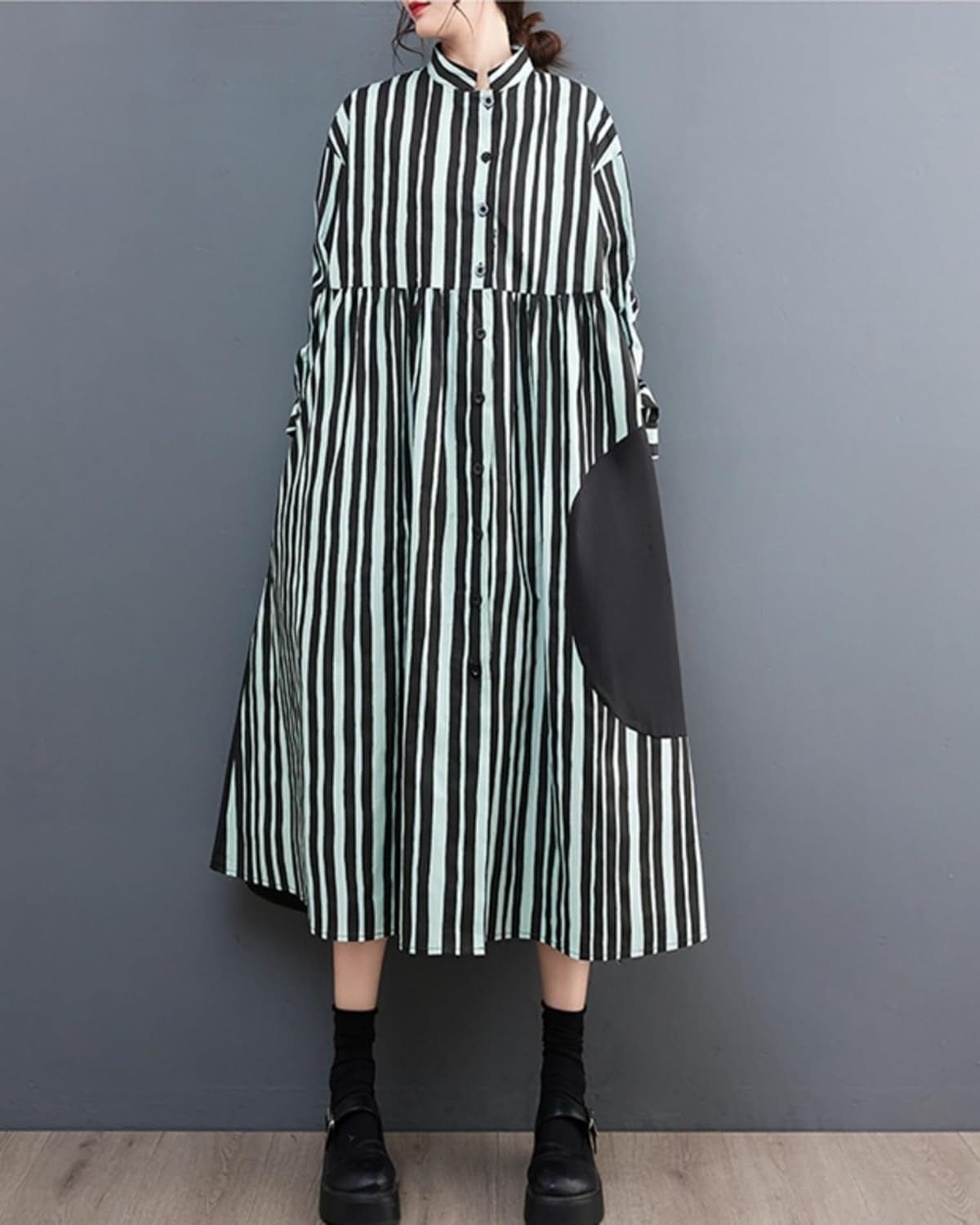 Ellazhu Women'S Vertical Stripe Shirt Dress Long Sleeve Patchwork Button down Dresses GZ02