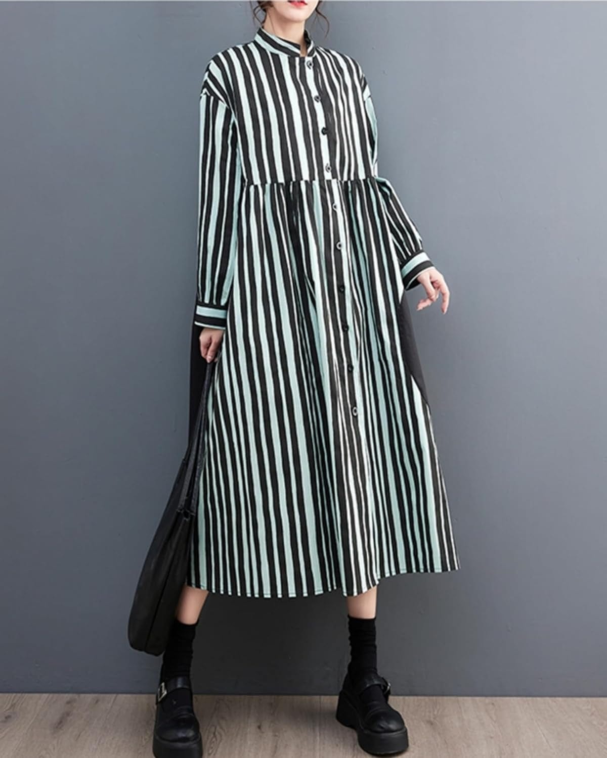 Ellazhu Women'S Vertical Stripe Shirt Dress Long Sleeve Patchwork Button down Dresses GZ02