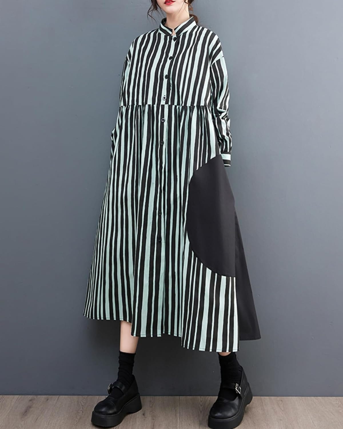Ellazhu Women'S Vertical Stripe Shirt Dress Long Sleeve Patchwork Button down Dresses GZ02