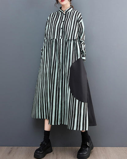 Ellazhu Women'S Vertical Stripe Shirt Dress Long Sleeve Patchwork Button down Dresses GZ02