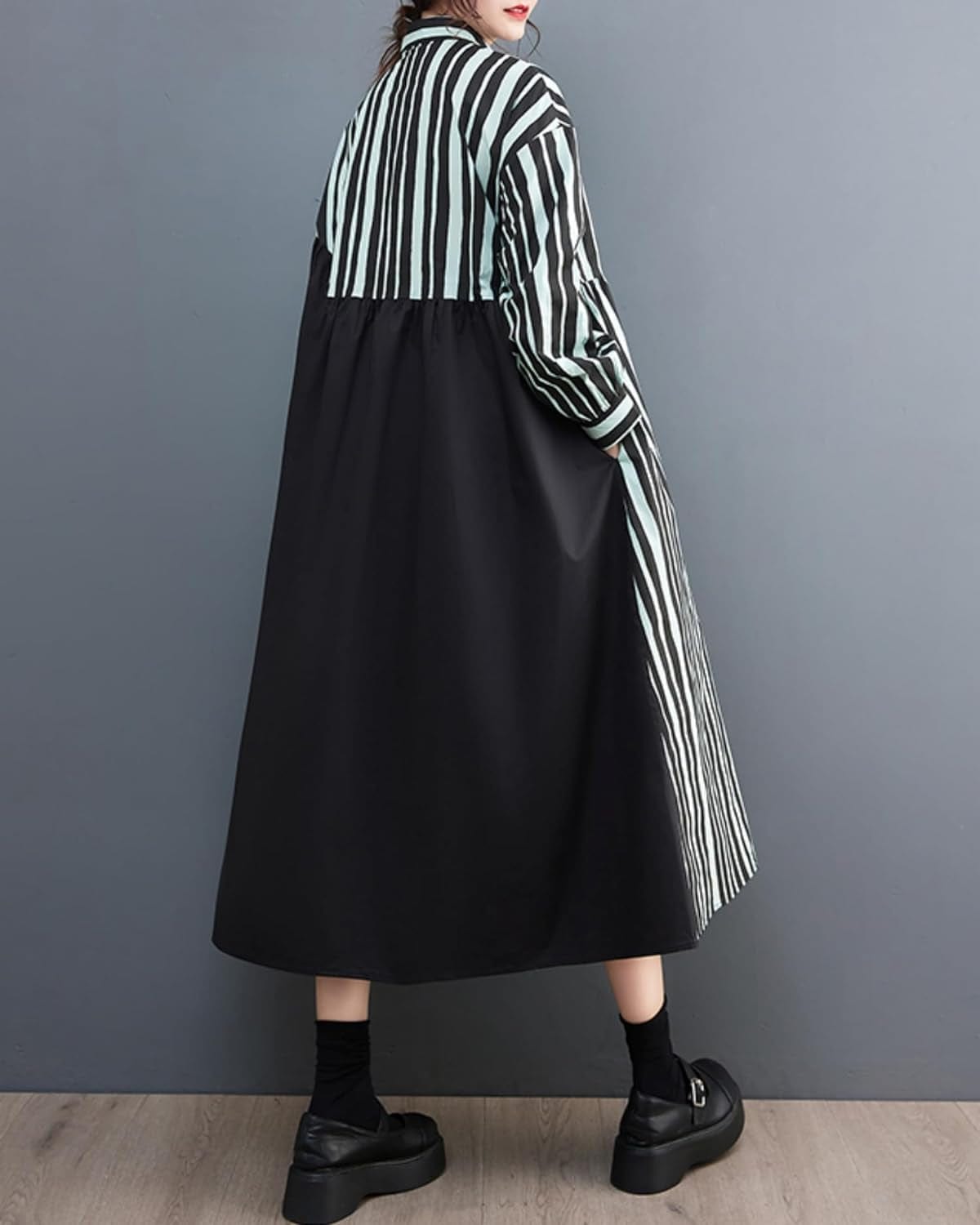 Ellazhu Women'S Vertical Stripe Shirt Dress Long Sleeve Patchwork Button down Dresses GZ02