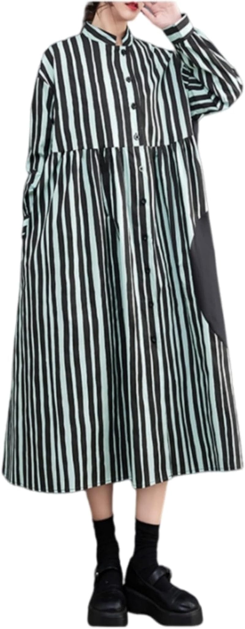 Ellazhu Women'S Vertical Stripe Shirt Dress Long Sleeve Patchwork Button down Dresses GZ02