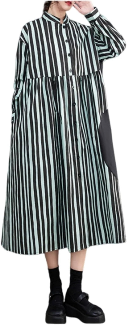 Ellazhu Women'S Vertical Stripe Shirt Dress Long Sleeve Patchwork Button down Dresses GZ02