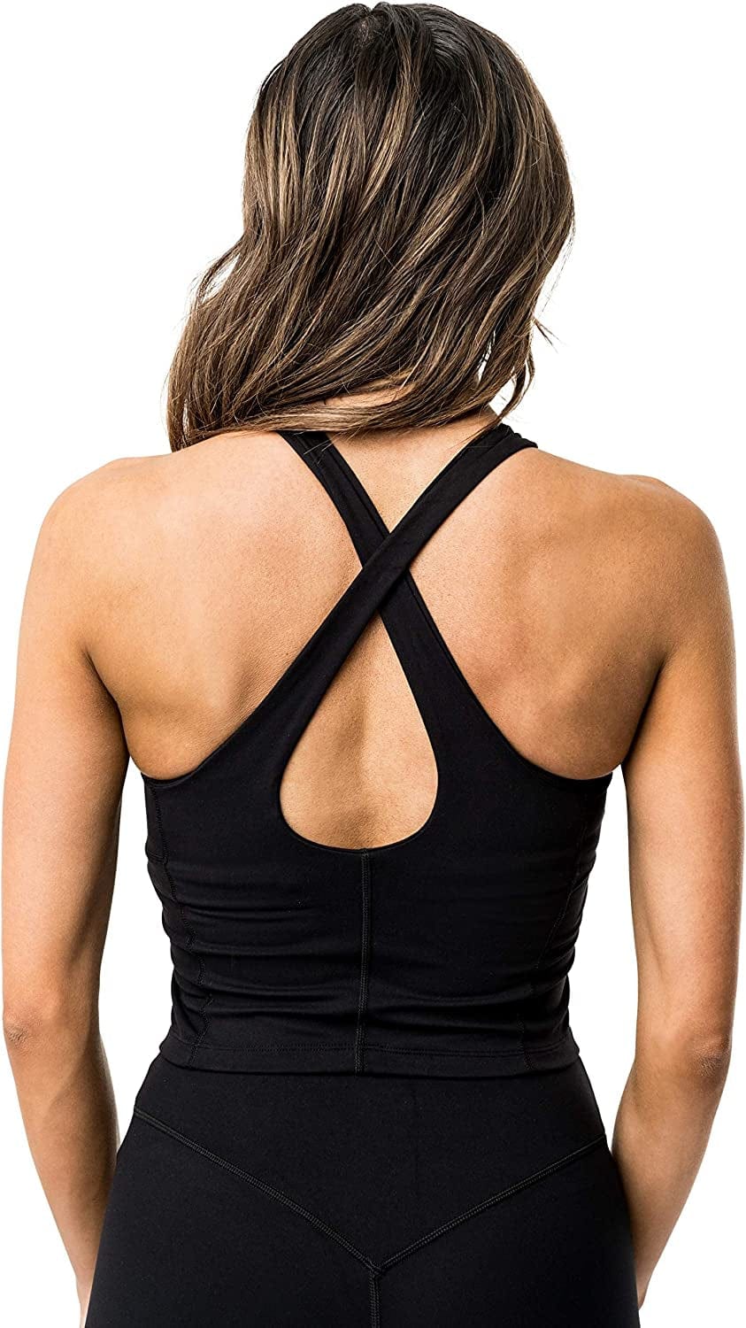 Ellyn Tank Top Crop Sports Bra for Women Soft Padded Built-In Bra Longline Yoga Running Workout Black / Large