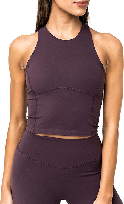 Ellyn Tank Top Crop Sports Bra for Women Soft Padded Built-In Bra Longline Yoga Running Workout Fudge / Small