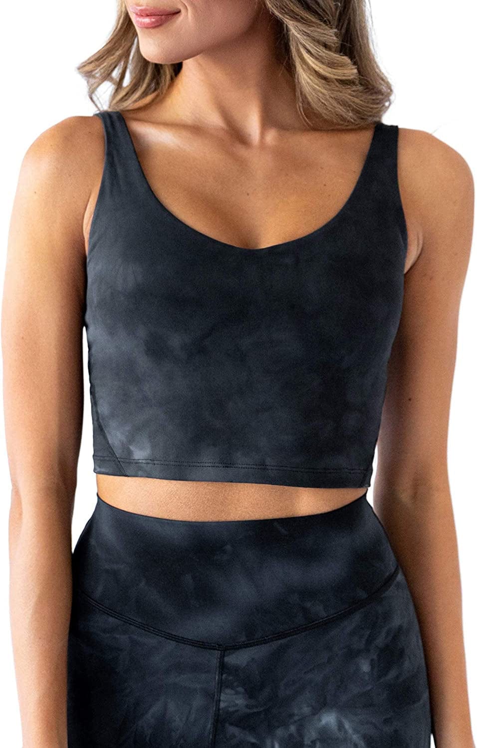 Ellyn Tank Top Crop Sports Bra for Women Soft Padded Built-In Bra Longline Yoga Running Workout Black Tie Dye / Small