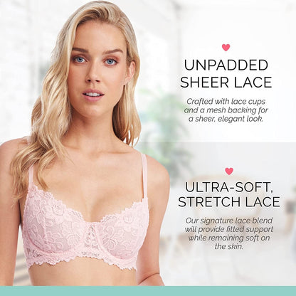 Emma Underwire Lace Bra, Unpadded Sheer Lingerie for Women, Perfect Everyday Balconette Demi Bra