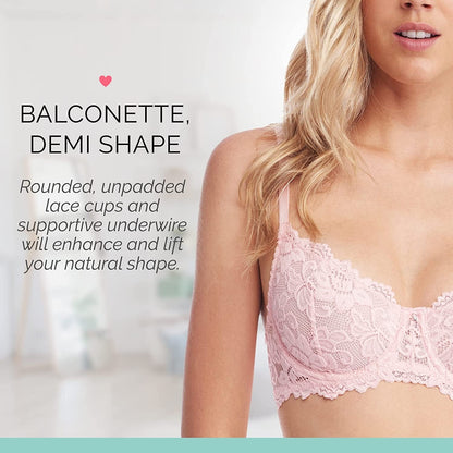 Emma Underwire Lace Bra, Unpadded Sheer Lingerie for Women, Perfect Everyday Balconette Demi Bra