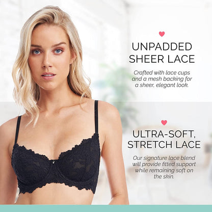 Emma Underwire Lace Bra, Unpadded Sheer Lingerie for Women, Perfect Everyday Balconette Demi Bra