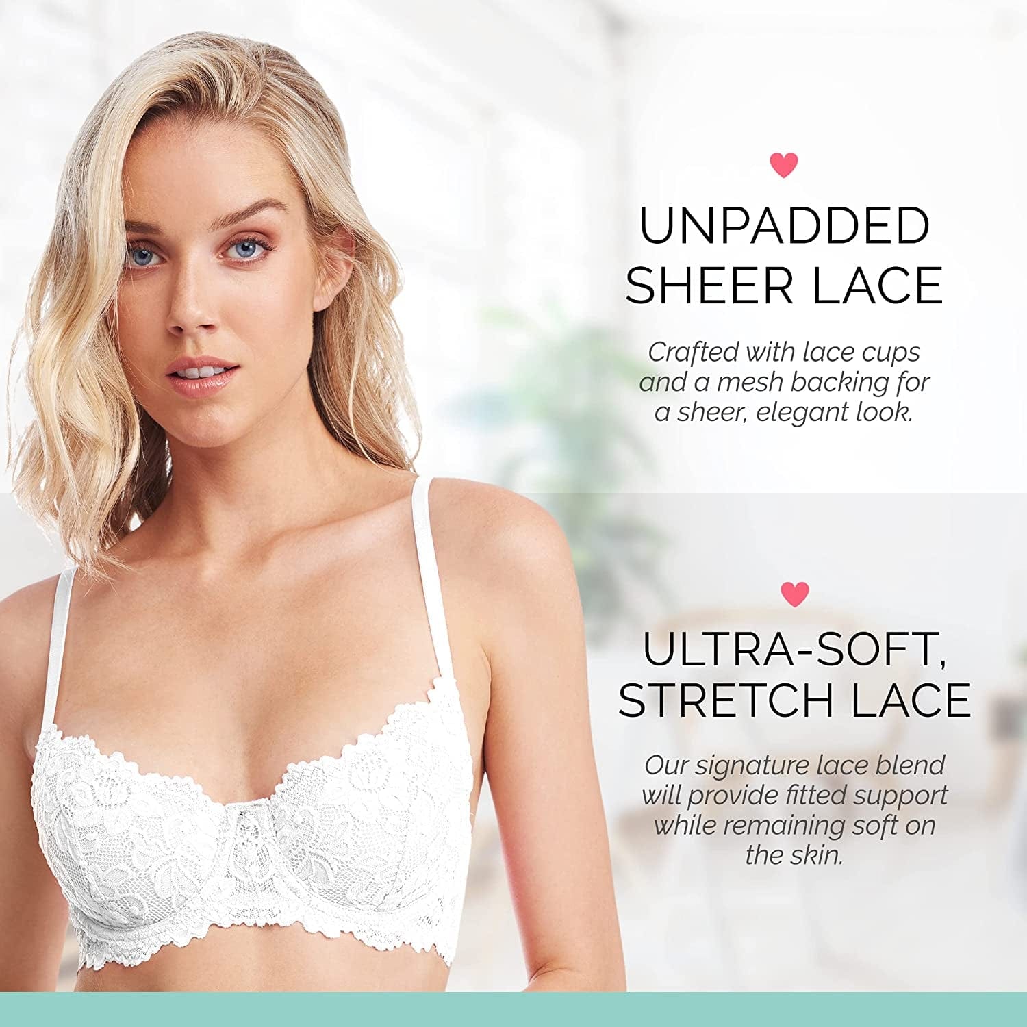 Emma Underwire Lace Bra, Unpadded Sheer Lingerie for Women, Perfect Everyday Balconette Demi Bra