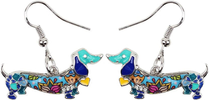 Enamel Alloy Dachshund Dog Earrings Dangle Drop Fashion Cute Animal Jewelry for Women Girls Gift Charms Blue